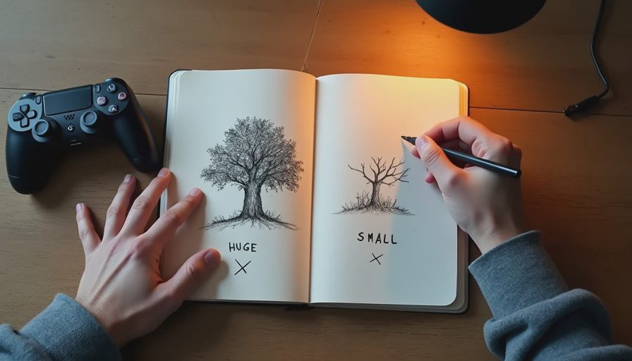 Hands sketching a huge tree crossed out and a small tree with a checkmark in a notebook.

