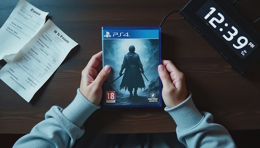 Hands holding a game case with a crumpled receipt and a late-night clock on a desk.