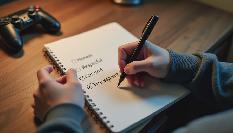 Hands writing a list of trust-building qualities in a notebook on a desk.

