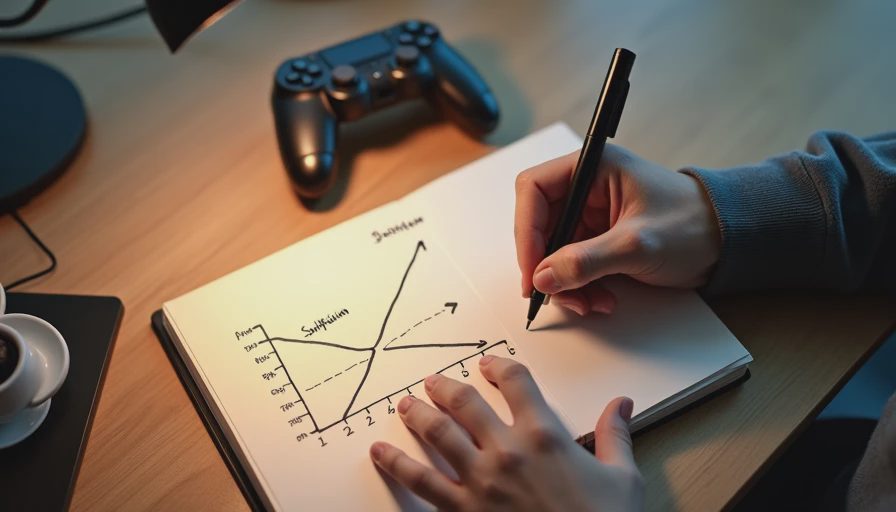 Hands sketching a graph of "Satisfaction vs. Time" in a notebook on a desk.