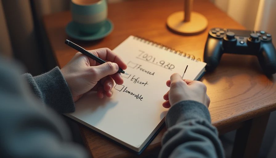 Hands writing a list of short game advantages in a notebook on a desk.
