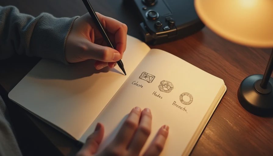 Hands sketching three game examples for clean onboarding in a notebook on a desk.