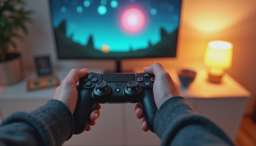 Hands holding a controller while playing a dreamlike puzzle game with a glowing orb on screen.