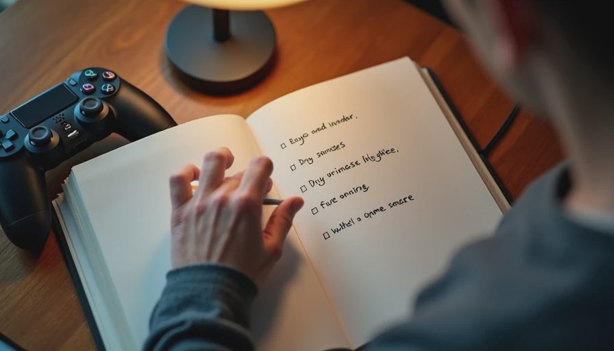 Hands writing a list of overlooked indie games in a notebook on a desk.