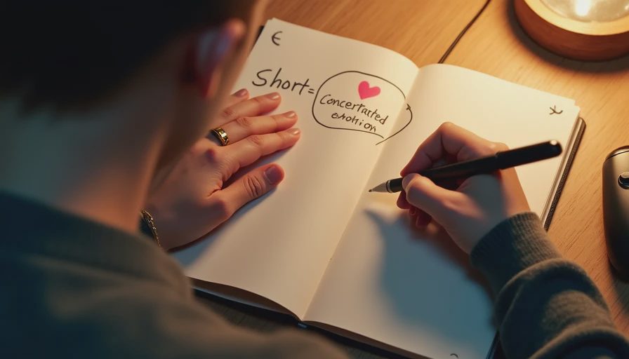 Hands drawing a heart and writing "Short = Concentrated Emotion" in a notebook.