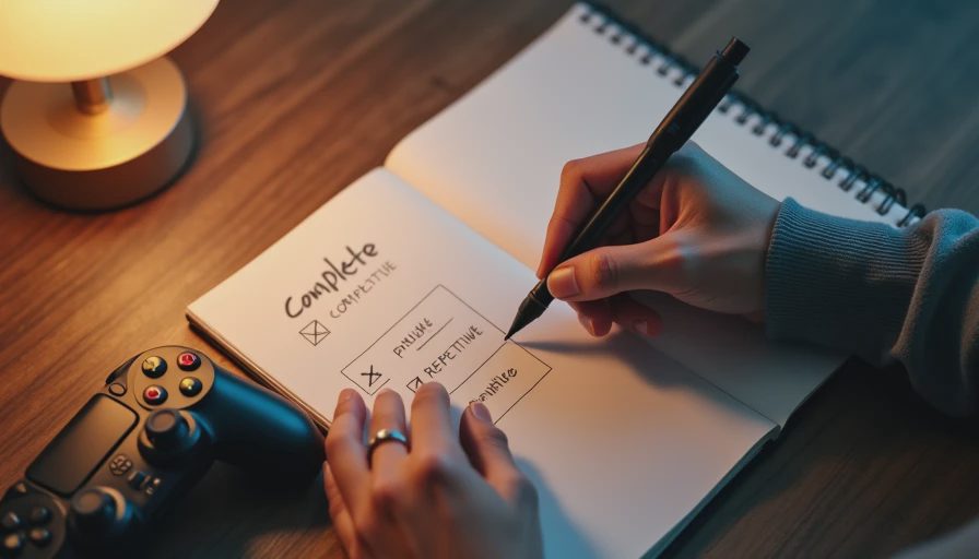 Hands writing two columns comparing "COMPLETE" and "REPETITIVE" in a notebook.