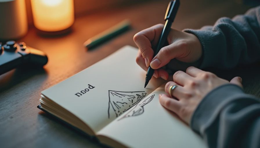 Hands sketching a mountain and sunset in a notebook, representing mood in games.