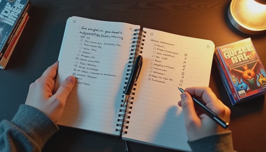Hands holding a notebook with game lists and checkmarks on a desk.