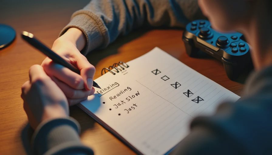 Hands writing two columns comparing "RELAXING" and "JUST SLOW" in a notebook.