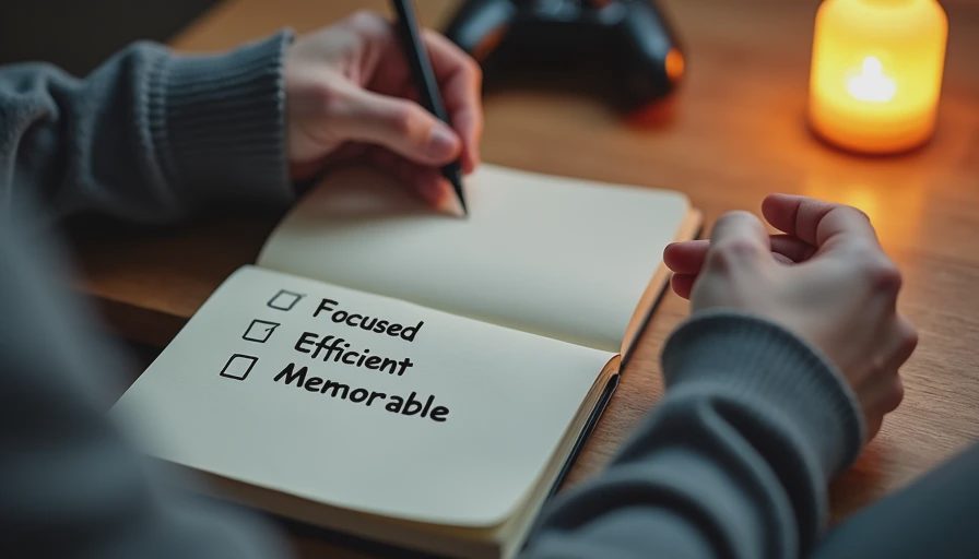 Hands writing a list of short game advantages in a notebook on a desk.