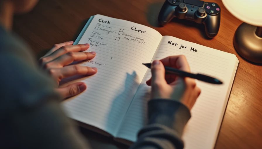 Hands writing three columns labeled "Click," "Unclear," and "Not for Me" in a notebook on a desk.