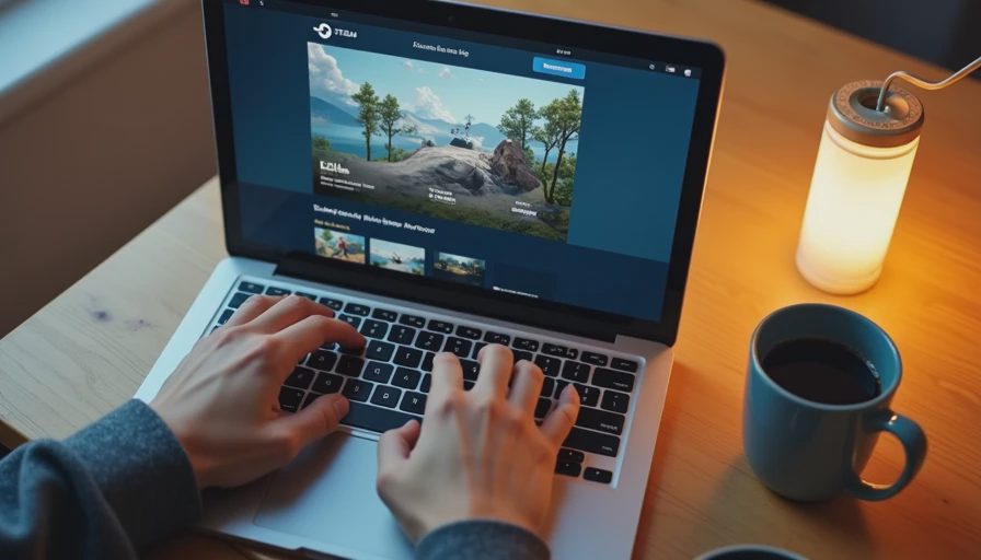 Hands scrolling through a Steam page with a cinematic trailer but no gameplay screenshots.